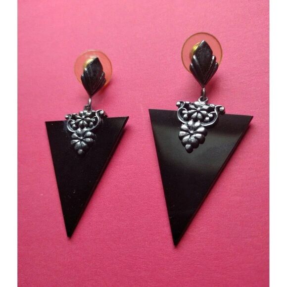 Vintage Signed RINC 925 Silver and Black Enamel Goth Drop Earrings - Picture 1 of 4